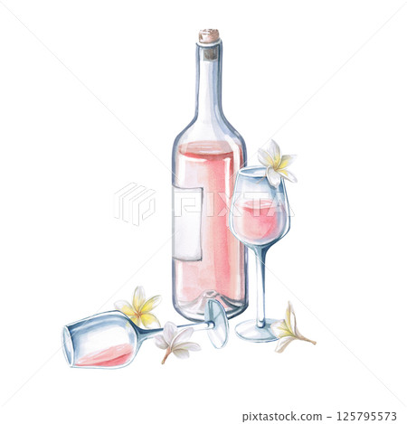 Incomplete bottle of rose wine, standing and lying glass, delicate frangepani flowers. Isolated watercolor illustration for restaurant menu design, summer parties, wedding. 125795573