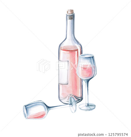 Incomplete bottle of rose wine, standing and lying glass. Isolated watercolor illustration for restaurant menu design, summer parties, wedding. 125795574