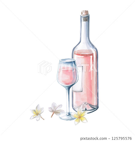 Partial bottle of rose wine, glass and delicate frangepani flowers. Isolated watercolor illustration for restaurant menu design, summer parties. 125795576