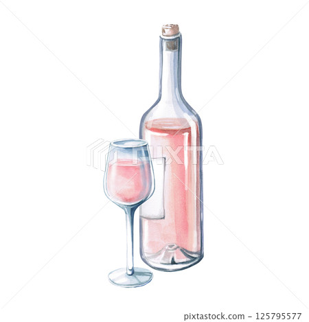 Partial bottle of rose wine and glass. Isolated watercolor illustration for restaurant menu design, summer parties. Partial bottle of rose wine and glass. Isolated watercolor illustration for restaurant menu design, summer parties. 125795577