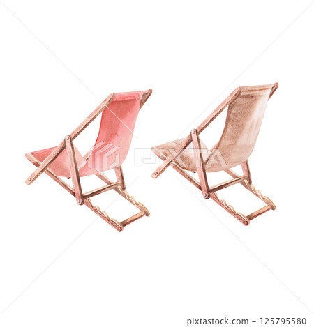 Set of two beach chairs back view. Isolated watercolor illustration of furniture for decorating shops, travel sites, summer cafes and restaurants Set of two beach chairs back view. Isolated watercolor illustration of furniture for decorating shops, travel sites, summer cafes and restaurants 125795580
