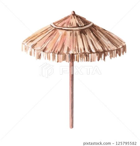 Beach umbrella, side view. Isolated watercolor illustration for the design of shops, tourist sites, summer cafes and restaurants. Beach umbrella, side view. Isolated watercolor illustration for the design of shops, tourist sites, summer cafes and restaurants. 125795582