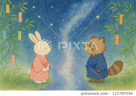 Tanabata illustration of a rabbit and a raccoon dog gazing at each other across the Milky Way 125795594