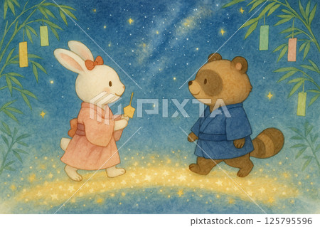 Tanabata illustration of a rabbit and a raccoon dog passing each other on a bridge 125795596