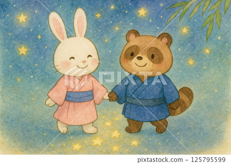 Tanabata illustration of a rabbit and a raccoon dog walking under the stars 125795599