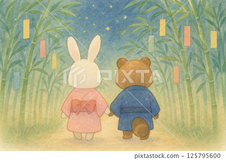 兔子和狸貓穿過竹隧道的七夕插畫 125795600