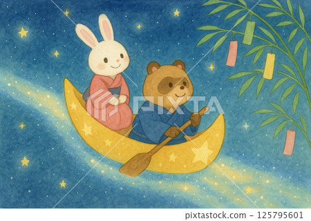 兔子和浣熊乘坐星船的七夕插畫 125795601