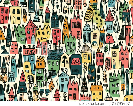 Pattern with cute hand drawn houses illustration. 125795607