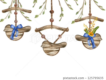 Watercolor border of wooden birds and young tree branches with buds. Bird figures with bouquets of wild flowers and plants with a blue bow and wooden beads. All objects are hand-painted in watercolor. 125795635