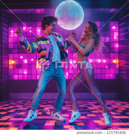 Retro 80s Couple Dancing Under Disco Ball in Neon Club  AI Generated 125795806