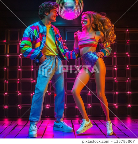 Retro 80s Couple Dancing Under Disco Ball in Neon Club  AI Generated 125795807