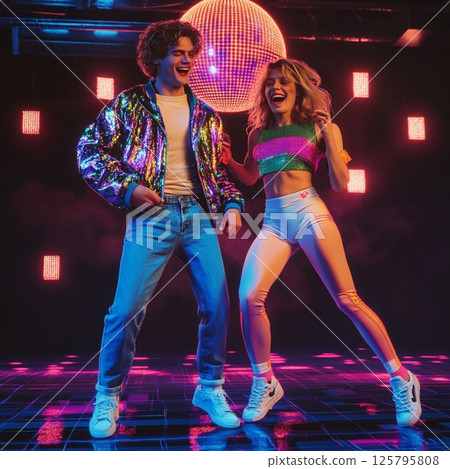 Retro 80s Couple Dancing Under Disco Ball in Neon Club  AI Generated 125795808