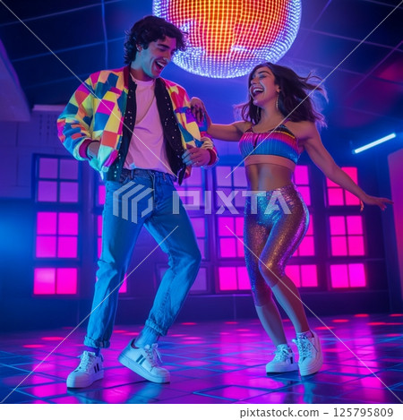 Retro 80s Couple Dancing Under Disco Ball in Neon Club AI Generated Retro 80s Couple Dancing Under Disco Ball in Neon Club AI Generated 125795809