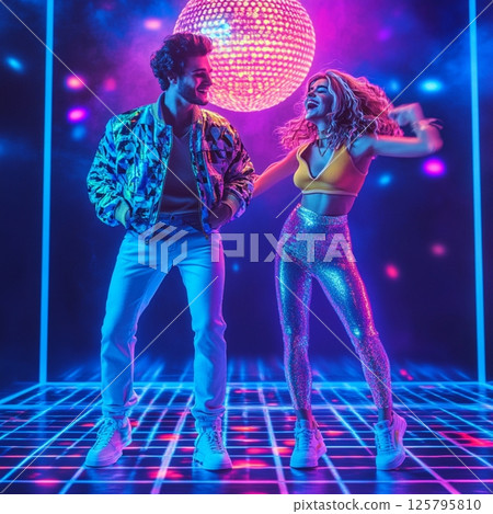 Retro 80s Couple Dancing Under Disco Ball in Neon Club  AI Generated 125795810