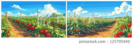 Tomato field. Cartoon farm plantation landscape with ripe organic vegetables, fresh nature product harvest vector illustration 125795840