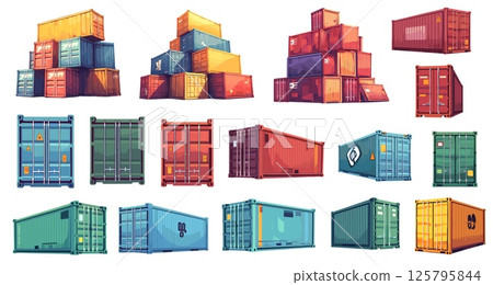 Shipping containers. Cartoon freight industry large cargo metal storage for logistic transport or warehouse set vector illustration 125795844
