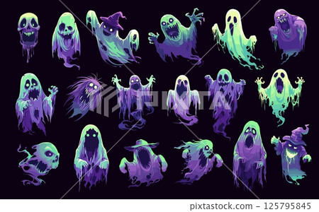 Scary ghosts. Creepy evil horror spirit monsters skull face witch hat, halloween fantasy phantom set vector illustration 125795845