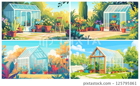 Greenhouse landscape. Cartoon garden with plants pots flowers trees, glass botanical green home set vector illustration 125795861