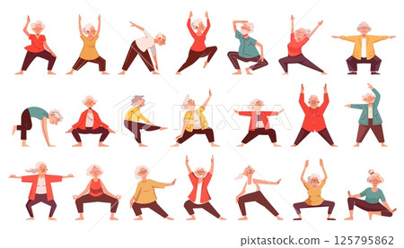 Elderly people yoga. Flat old man and woman exercise healthy lifestyle fitness sport meditation, characters in lotus pose vector illustration 125795862