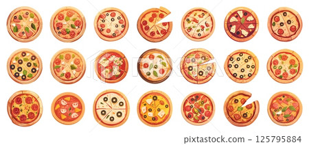 Cartoon pizza. Salami pepperoni mozzarella italian food round top view, pizzeria fast food set vector illustration 125795884