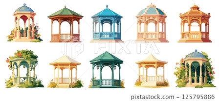 Cartoon garden gazebo. Summer pergola small relaxing patio house with floral decor, wooden backyard architecture set vector illustration 125795886