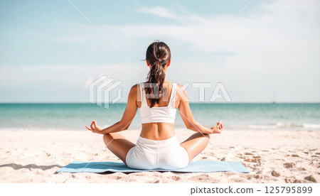 A woman who plays yoga at a sandy beach 125795899