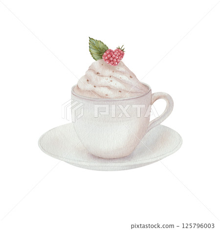 A white cup of hot coffee or chocolate, with cream garnished with raspberries, stands on a saucer. Watercolor illustration isolated on white background. For menu design, greeting cards, cooking. 125796003
