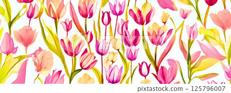 鬱金香花朵圖案壁紙插畫彩色無縫圖案 125796007