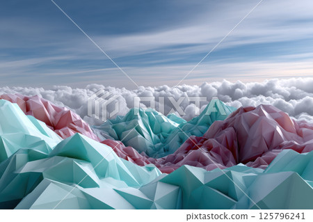 Surreal landscape of abstract geometric mountains in pastel colors rises above sea of fluffy clouds under serene sky, creating dreamlike and tranquil scene Surreal landscape of abstract geometric mountains in pastel colors rises above sea of fluffy clouds under serene sky, creating dreamlike and tranquil scene 125796241