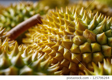 Close up of durian spikes showcasing fruit unique texture and vibrant yellow green color. sharp, pointed spikes create intriguing pattern, highlighting exotic nature of durian 125796264
