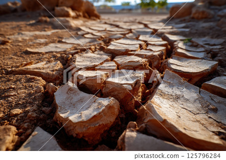 Cracked dry desert ground surface with deep fissures and warm earthy tones, evoking sense of arid desolation. Sunlight highlights texture of parched soil 125796284