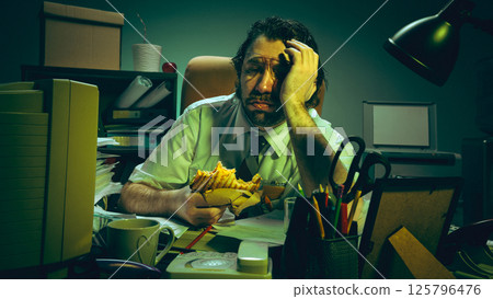 Tired employee holds sandwich with blank stare at chaotic desk surrounded by paperwork, showing burnout, exhaustion, stress emotions, pressure. 125796476