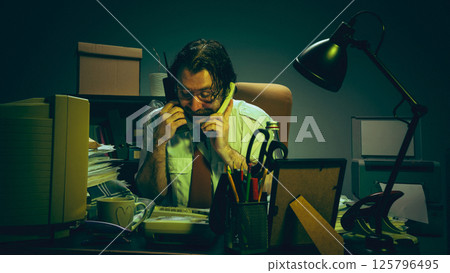 Stressed office worker holding two phones at messy desk in dimly lit, green-tinted room, communication overload, pressure, chaos of demanding job 125796495