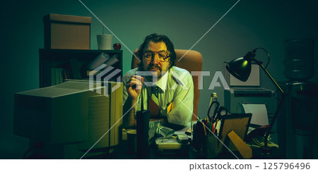 Office worker with glasses sits at cluttered desk in dimly lit room with green tint, looking directly at camera with somber expression. 125796496