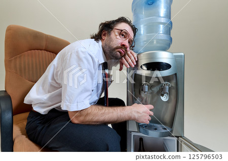Man in shirt and tie leans on water cooler with open mini-fridge containing bottles below, illustrating stress, struggle for relief. Man in shirt and tie leans on water cooler with open mini-fridge containing bottles below, illustrating stress, struggle for relief. 125796503