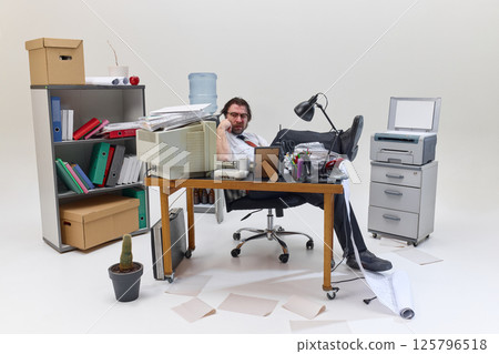 Office worker sitting at messy desk filled with papers and gadgets, talking on phone with disinterested face Office worker sitting at messy desk filled with papers and gadgets, talking on phone with disinterested face 125796518