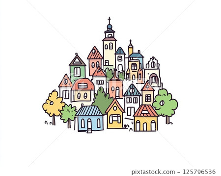 Cartoon houses in the village in cartoon style. Illustration for your design isolated on white background 125796536