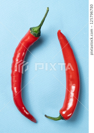 Sharp and Spicy Two Red Chilies Top View on Blue Background 125796780