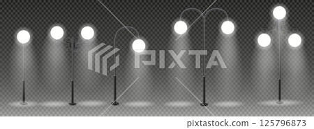 3d vector Modern and vintage city street lights row working at night. Urban electrical lightning system. Glowing retro lampposts 125796873