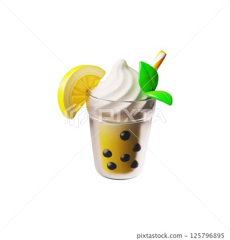 3D vector of bubble tea in a glass with cream, straw, tapioca pearls and a lemon wedge. 125796895