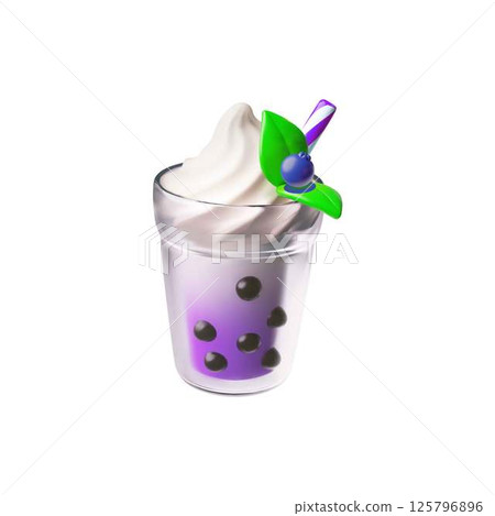 Bubble tea with tapioca pearls and blueberry in glass, milkshake cocktail with bubbles 3D vector icon, Asian Boba tea 125796896