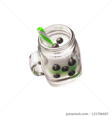 Bubble tea with tapioca pearls and straw in glass mug with handle, milkshake cocktail, vector 3D Boba Asian pearl tea 125796897