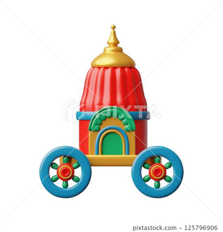 Happy Ratha Yatra festival 3D vector, cartoon festive colorful chariot on wheels, temple cart, Indian culture attribute Happy Ratha Yatra festival 3D vector, cartoon festive colorful chariot on wheels, temple cart, Indian culture attribute 125796906
