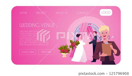 Wedding venue service vector landing page design, newlywed couple near the altar and marriage ceremony organizer Wedding venue service vector landing page design, newlywed couple near the altar and marriage ceremony organizer 125796908