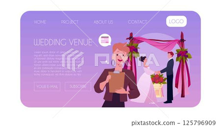 Online wedding ceremony booking, bride and groom, flower arch, website web page. 125796909