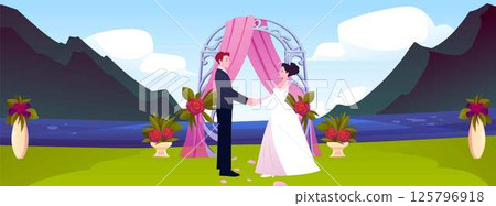 Wedding venue on mountain landscape vector flat illustration, bride and groom hold hands marriage ceremony on lake shore 125796918
