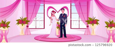 Illustration of groom with bride in the center of the hall decorated with flowers and pink fabric. 125796920