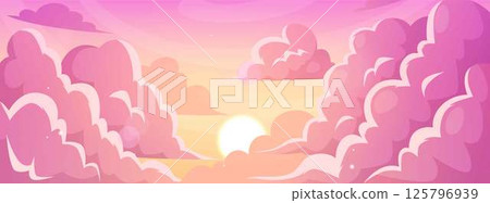 Sunset or sunrise horizon landscape vector flat illustration Anime style, sky with clouds and sunshine nature background 125796939