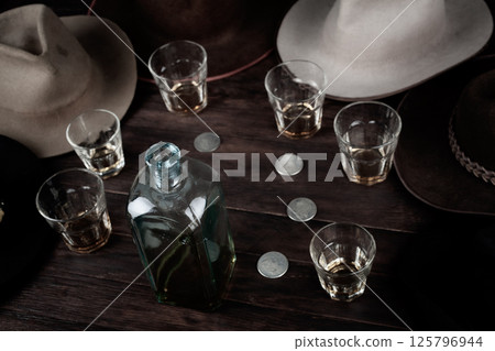 Bourbon shots with old west hats on table. Bourbon shots with old west hats on table. 125796944