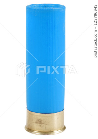 Blue 12 gauge shotgun shell isolated on white 125796945